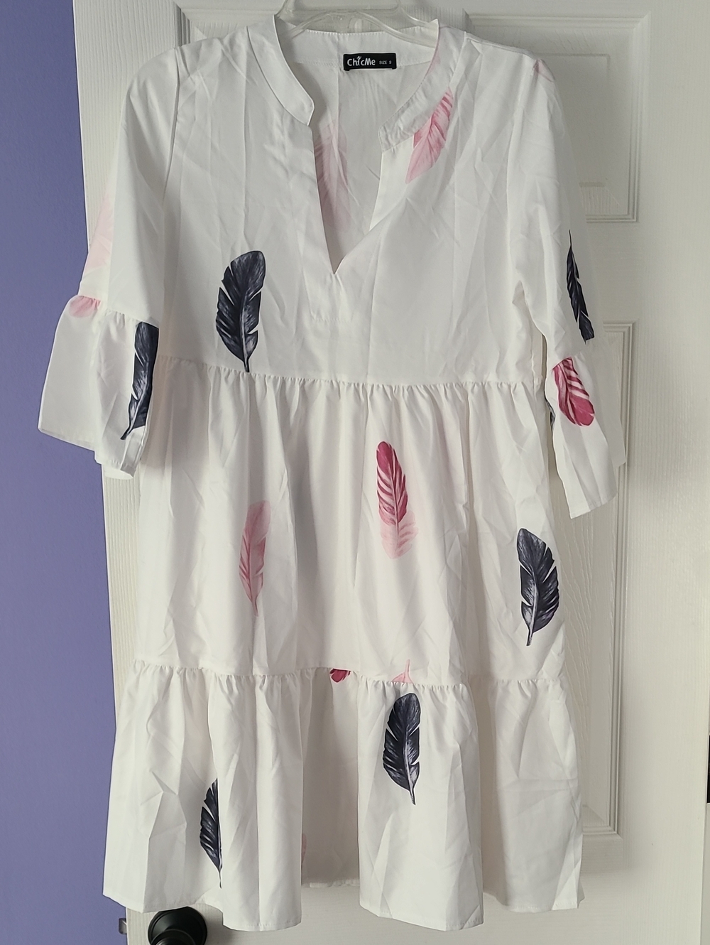 ChicMe White Midi Dress with Pink & Navy Feather Print